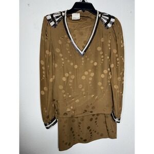Vtg 80s Francesca of‎ Damon Skirt Set Size 6 Brown Polka Dot Silk Pencil Beaded